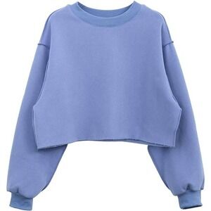 Amazhiyu Women's Slate Blue Cropped‎ Sweatshirt Exposed Seams Size L
